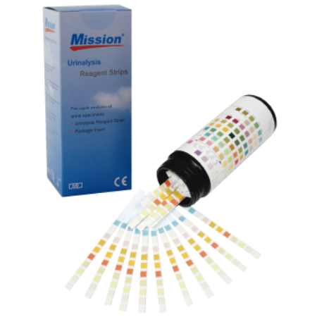 Tiras reactivas Mission para uroanálisis de 10 parámetros (LEU/NIT/URO/PRO/pH/BLO/SG/KET/BIL/GLU) - frasco con 100 tiras - Acon