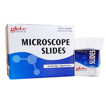 Portaobjetos de vidrio de 25 x 75 mm con bordes biselados a 45 grados y esquinas recortadas - Caja con 1440 piezas - Globe Scientific