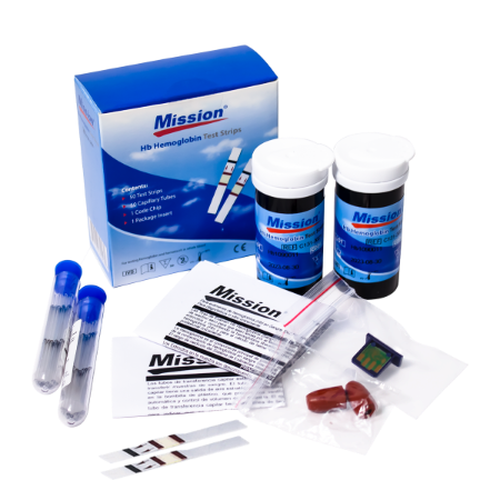 Tiras Reactivas Mission para Medidor de Hemoglobina HB - Caja con 50 Tiras y 50 Tubos Capilares - Acon