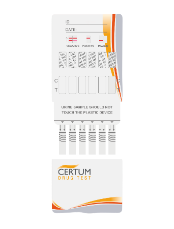 Panel multidrogas de 10 parámetros (AMP/BAR/BZO/COC/MET/MOR/MTD/PCP/THC/TCA) - caja con 25 pruebas - Certum