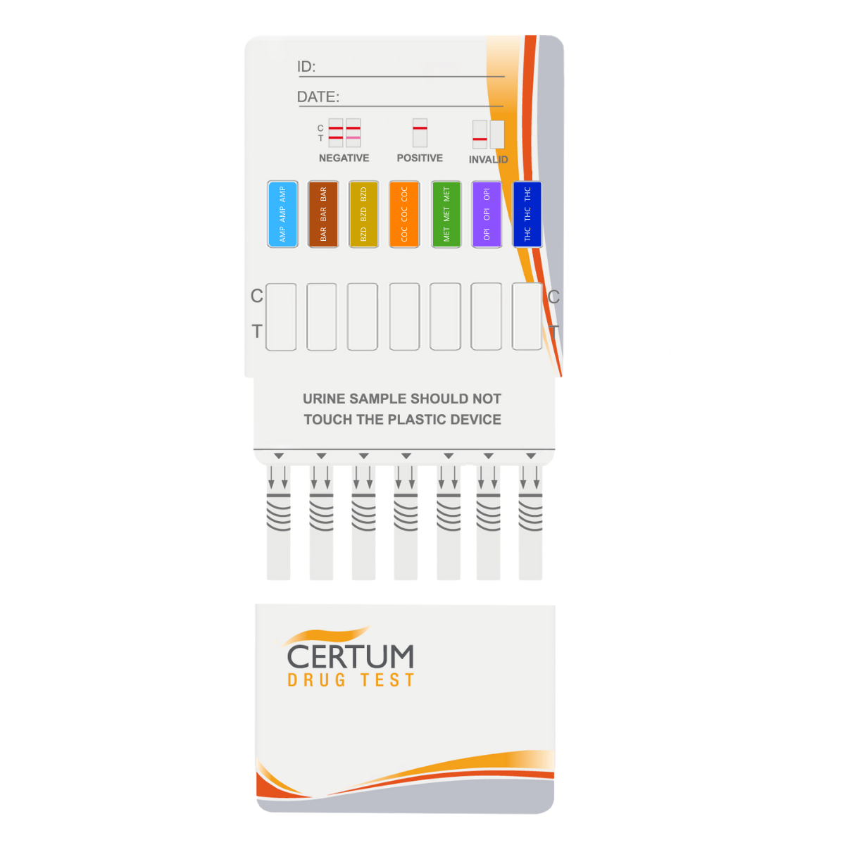 Panel multidrogas de 7 parámetros (AMP/BAR/BZD/COC/MET/MOR/THC) - caja con 25 pruebas - Certum