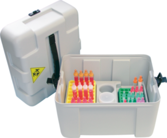 Caja de transporte I100, 360x310x275mm, HD-PE, c/inserto para 2 gradillas en bloque D13 o D17 y 3recipiemtes de 55mm Caja con pieza individual