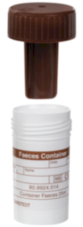 Frasco para heces 25ml, 54x28mm, PP, BL, MB, TRM-MA 1 Corrugado con 10 cajas de 50 pz c/u