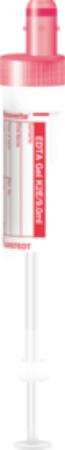 K2 EDTA Gel, 9 ml, cierre rojo, 92 x 16 mm, con etiqueta de papel 1 Corrugado con 10 cajas de 50 pz c/u
