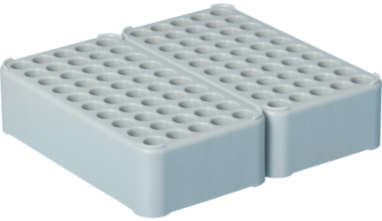 Gradilla doble en bloque D13, 100 orificios, PP, G, unión longitudinal Caja con 8 pz Individuales