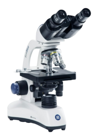 Microscopio Binocular EcoBlue, 10x/18,achro 4 10 40 100, platina mecánica, enfoque coaxial, LED recargable - Euromex