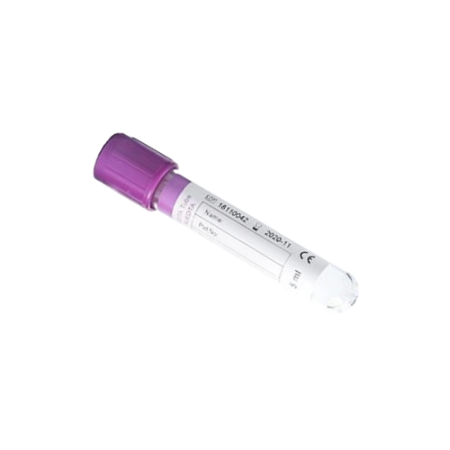 Tubo lila al vacío tipo vacutainer EDTA K2 13×75mm 4 ml, plástico PET - Gradilla con 100 piezas