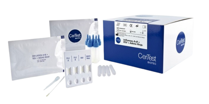Prueba para la detección cualitativa de antígenos de Influenza tipo A y B, del Virus respiratorio Sincitial y de Adenovirus - Kit de 20 pruebas - Certest