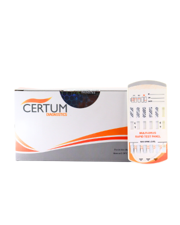 Panel multidrogas FAST (Resultados en 1 minuto) de 5 parámetros (THC/COC/AMP/MET/OPI) - caja con 25 pruebas - Certum