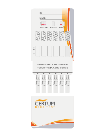Panel multidrogas de 10 parámetros (COC300/THC50/OPI2000/AMP1000/MET1000/PCP25/BZO300/BAR300/MTD300/TCA1000) - caja con 25 pruebas - Certum