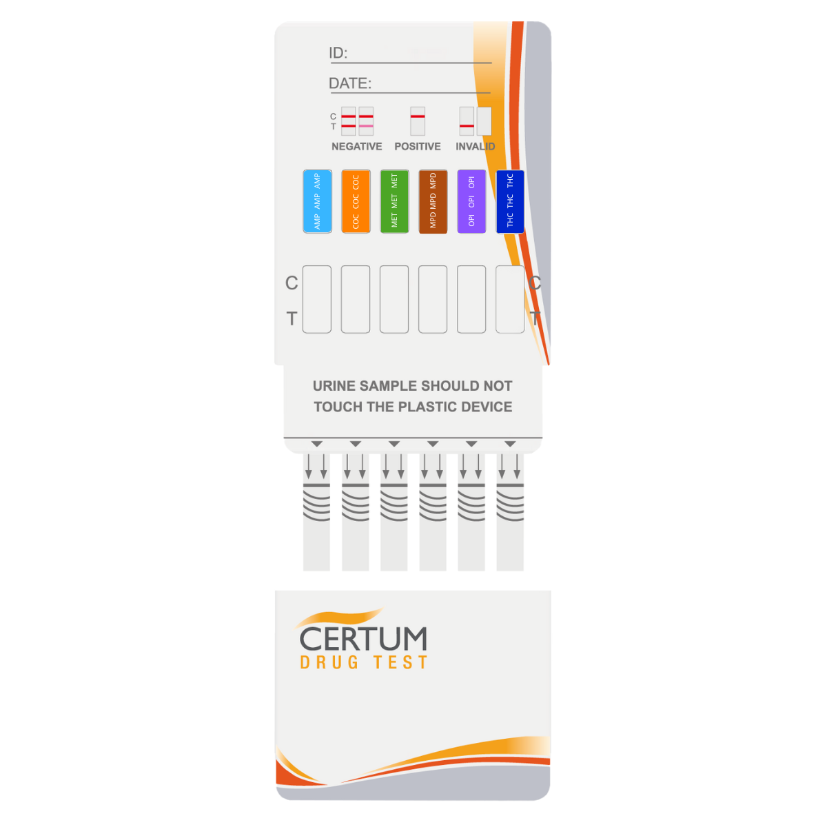 Panel multidrogas de 6 parámetros (COC/AMP/MET/OPI/THC/LSD) - caja con 25 pruebas - Marca Certum